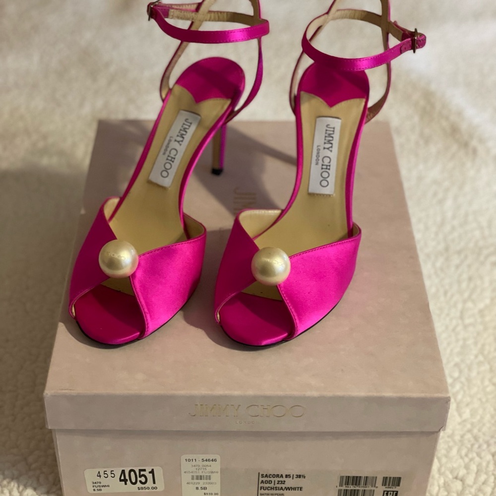 Jimmy Choo Fuchsia Satin Heels with Pearl Accent